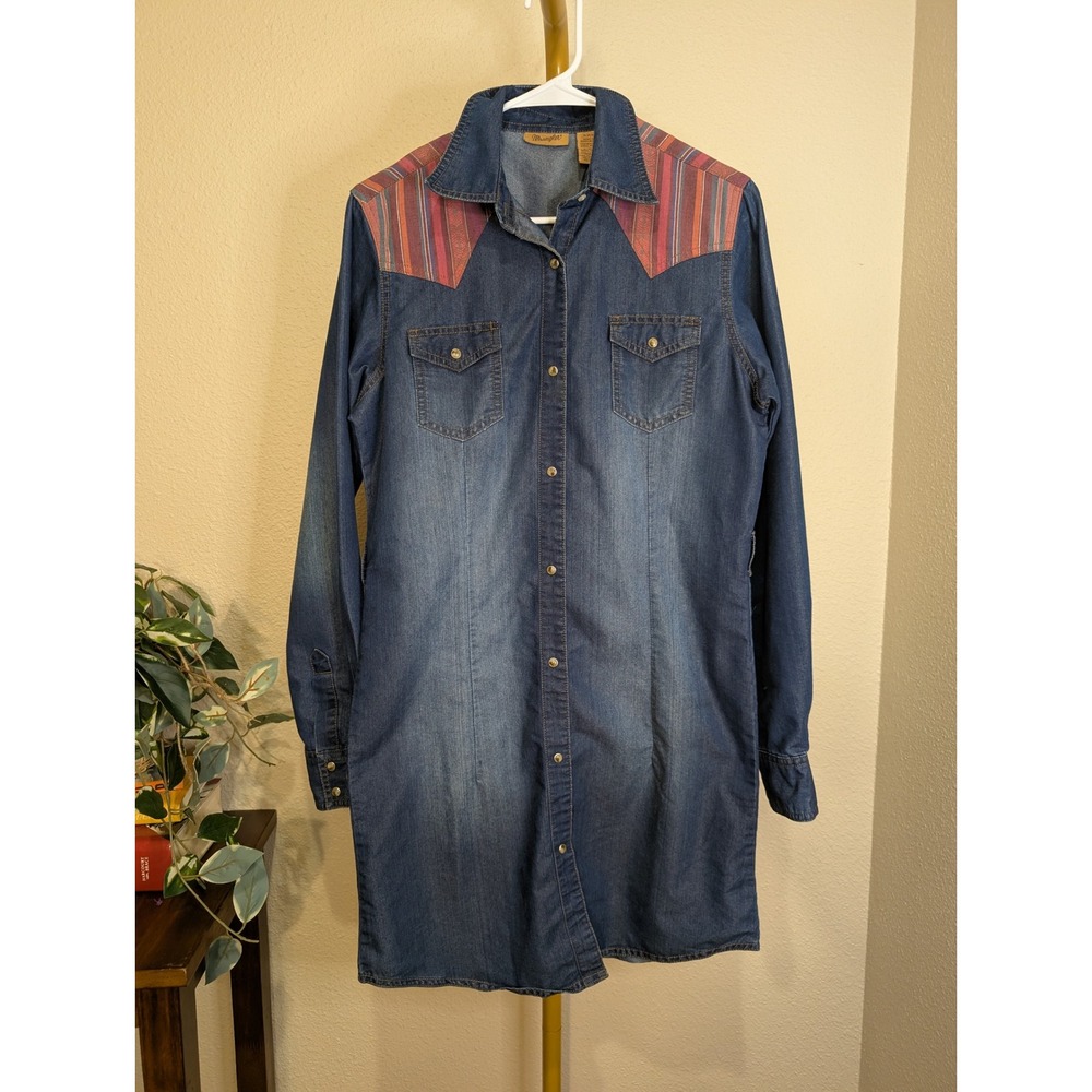 Wrangler Denim Western Shirt Dress Striped Yoke Southwest Coastal Cowgirl Jean